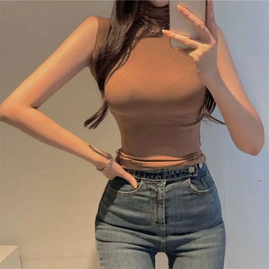 Sexy Turtleneck Sleeveless T Shirts Female Vintage Women Clothing 2023 Summer New Slim Tee Shirt Femme Fashion Korean Y2K Tops