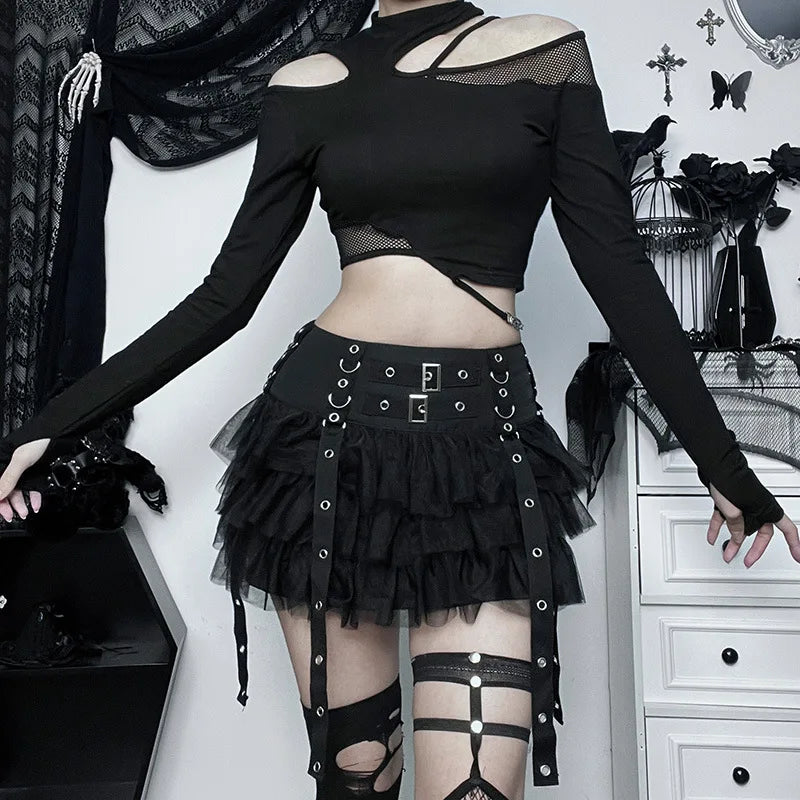 Gothic Dark Harajuku Y2k Skirt Women Cyberpunk E-girl Streetwear Hip Hop Eyelet Ribbons Mesh Patchwork Cake Skirt Female