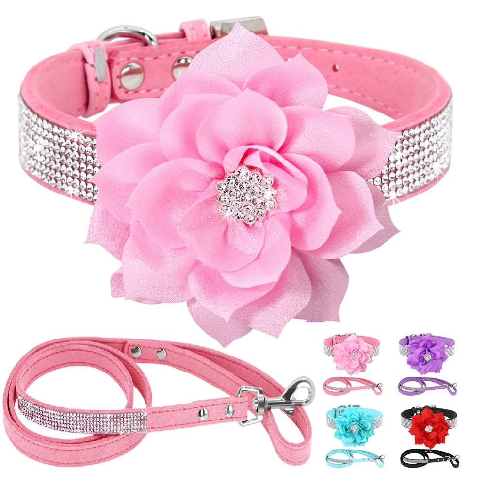 Glitter Rhinestone Dog Leather Collar Cute Floral Necklace Pet 120cm Walking Leash for Small Medium Large Dogs Chihuahua XS-L