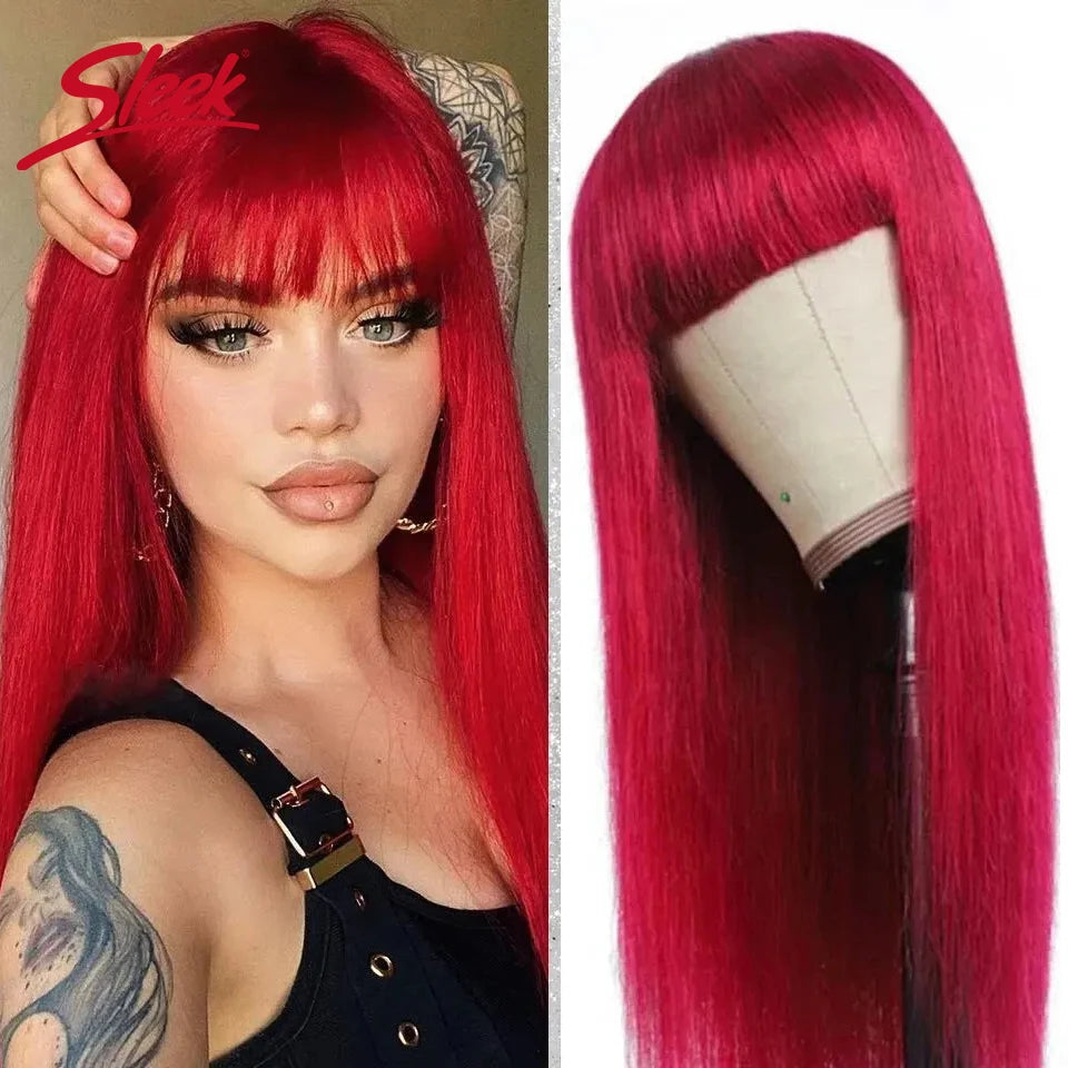 Sleek Human Hair Wigs With Bang Brazilian Straight Red Burgundy Human Hair Wigs Brown Color 4# For Black Women None Lace Wigs