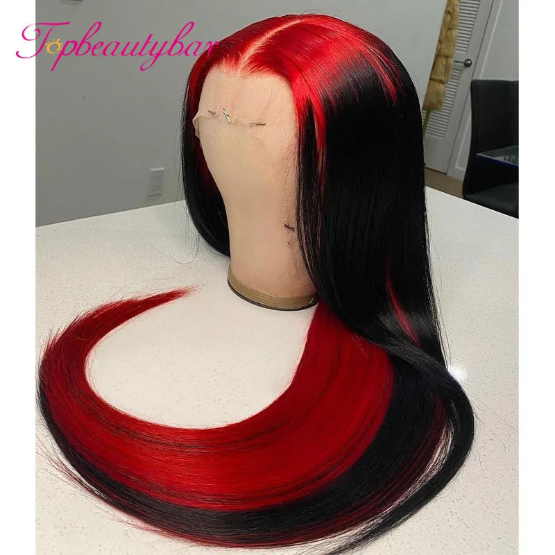 Red Ombre Highlight Colored Straight Lace Front Human Hair Wigs 180% Red Black 13X4 Lace Front Wig Remy Brazilian Lace Wigs