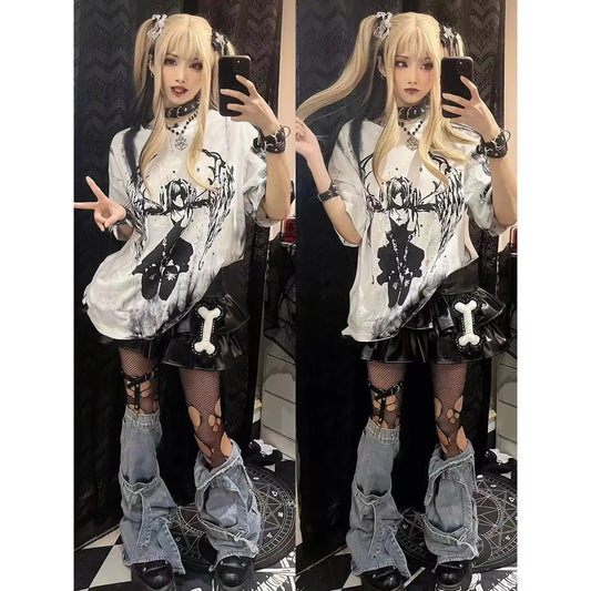 Summer Goth Female Tie dye printing Tee Harajuku Aesthetic Loose Men Women T-shirt Punk Grunge Streetwear Short Y2K Top