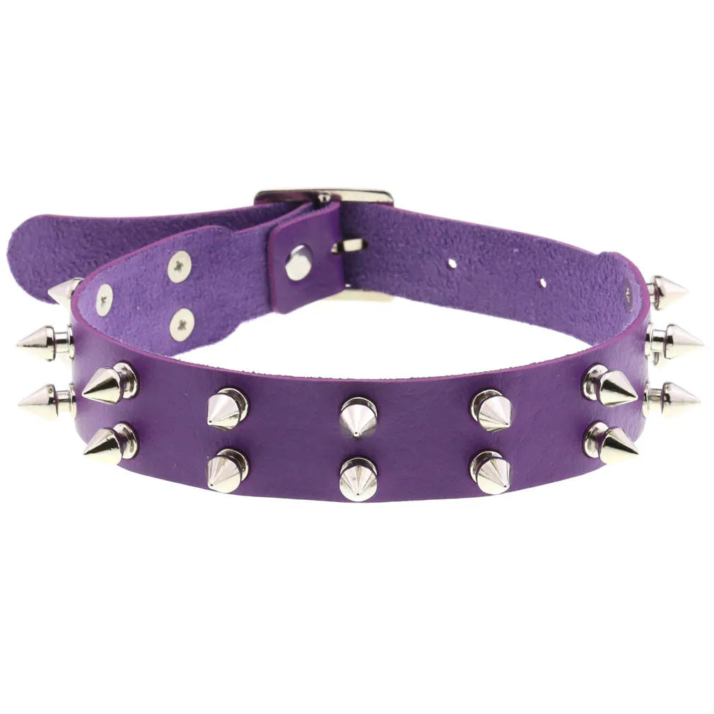 Goth Long Spike Choker Punk Faux Leather Collar For Women Men Cool Purple Rivets Studded Chocker Goth Style Necklace Accessories