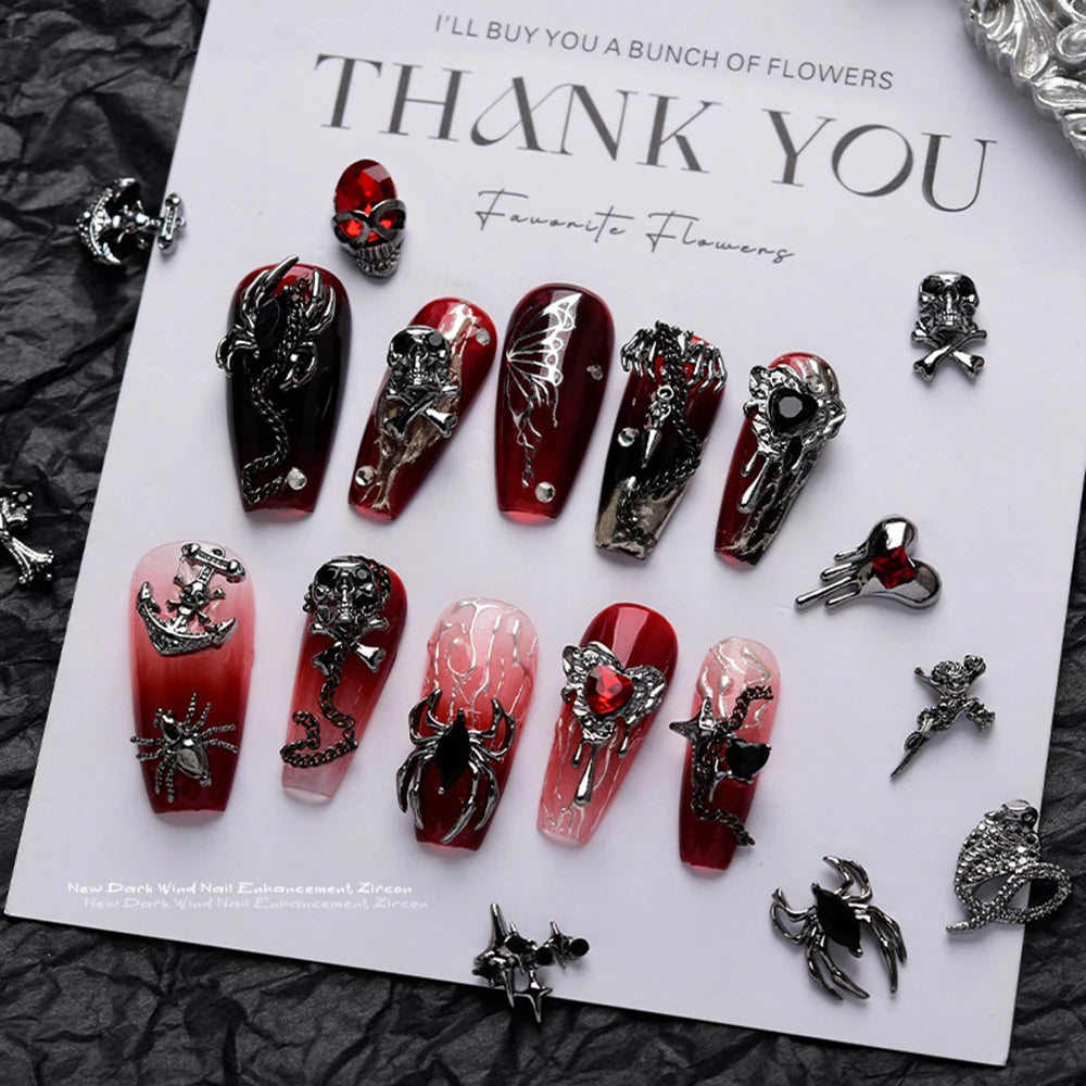 3 Pcs Dark Design Nail Charm Inlaid Diamond Darkness Punk Gothic Style Heart Zircon Nail Charm Black Accessories Decorations