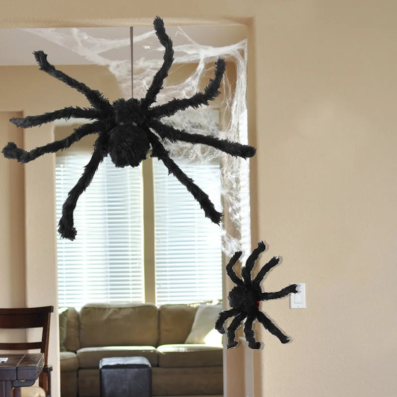 90/75/50/30cm Halloween Black Spider Decoration Big Fake Plush Spider For Halloween Party Outdoor Decor Haunted House Trick Toys