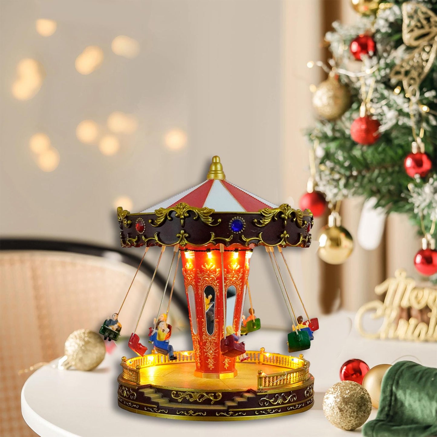 Rotatable LED Christmas Carousel Statue Music Box Decoration Table Centerpiece for Birthday Valentine's Day Children Xmas Gifts