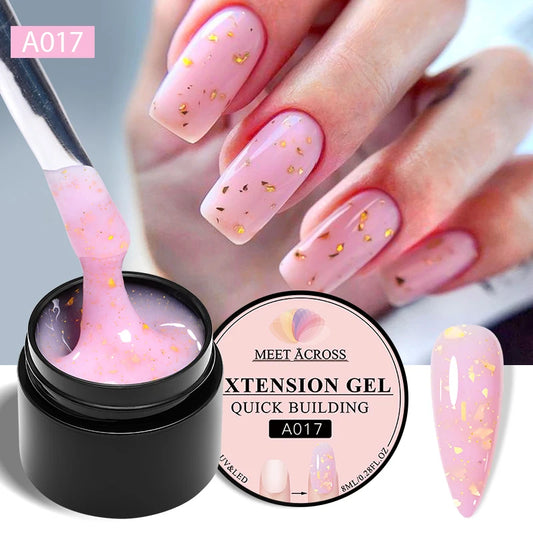 MEET ACROSS 7ML Pink Glitter Quick Extension Gel Nail Polish Gold Foils Effect Vernis Semi Permanent UV Gel Nail Art Hard Gel