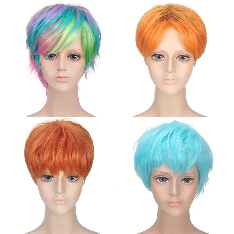 Synthetic Short Rainbow Wig Natural Straight For Men Orange Hair With Bangs Cosplay Anime Halloween Daily Wig