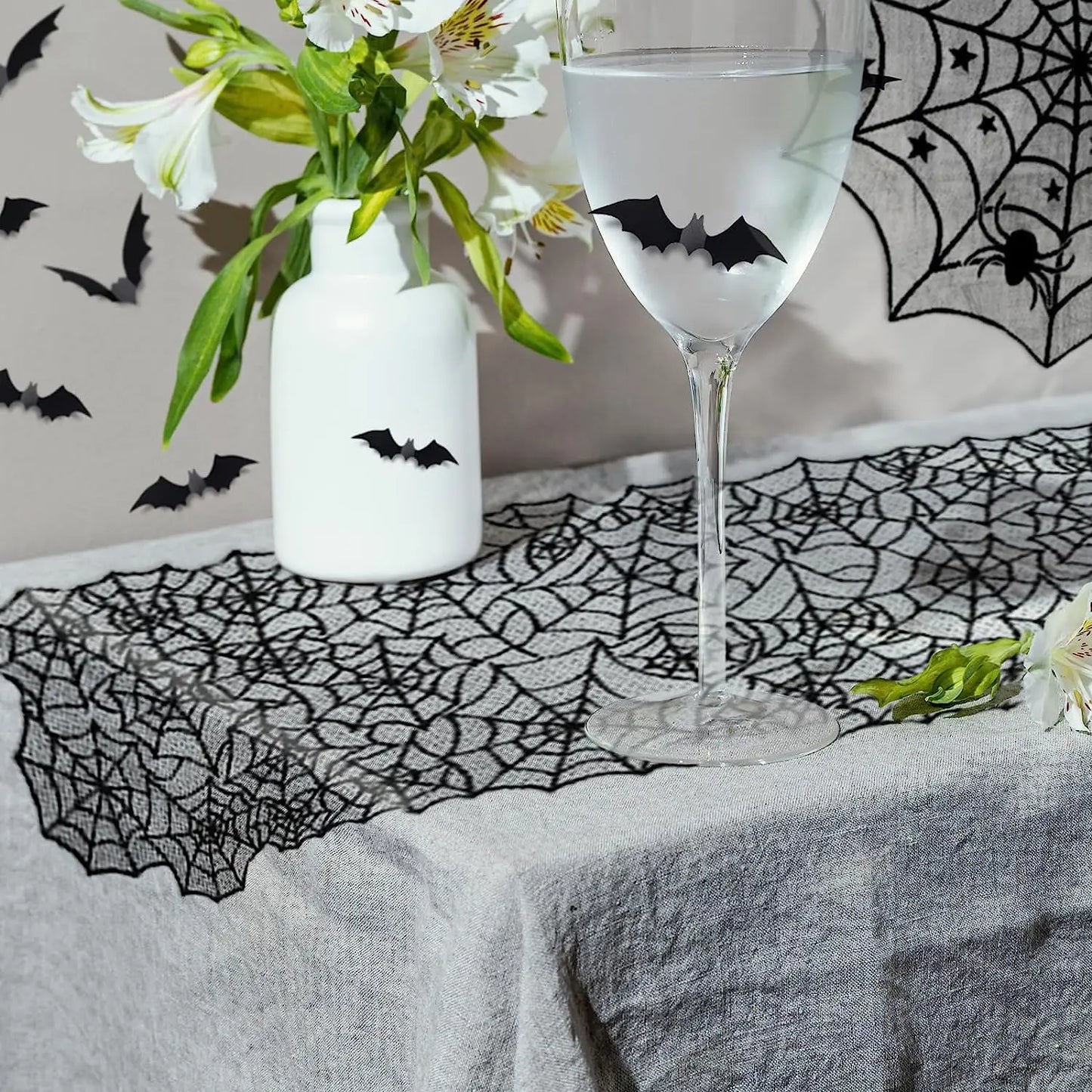 Halloween Decorations Tablecloth Runner Black Lace Round Spider Cobweb Table Cover Fireplace Mantel Scarf Spiderweb Fireplace