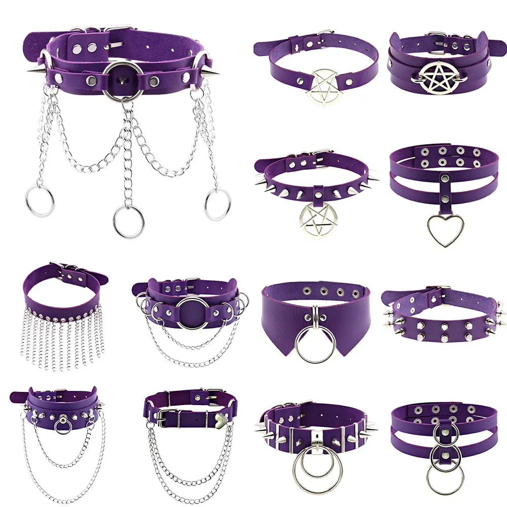 Goth Long Spike Choker Punk Faux Leather Collar For Women Men Cool Purple Rivets Studded Chocker Goth Style Necklace Accessories