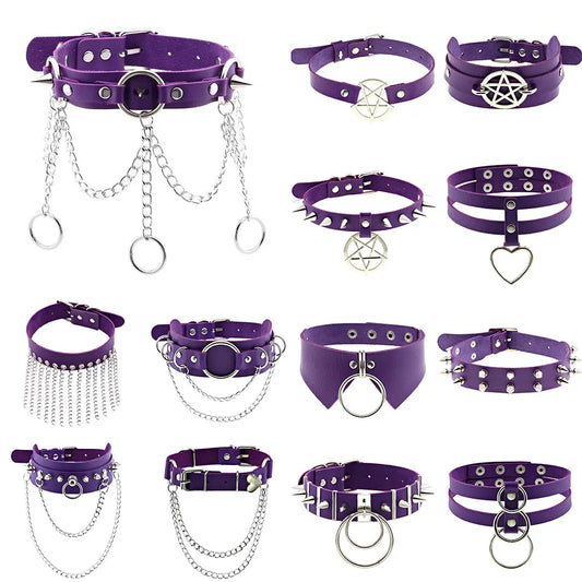 Goth Long Spike Choker Punk Faux Leather Collar For Women Men Cool Purple Rivets Studded Chocker Goth Style Necklace Accessories