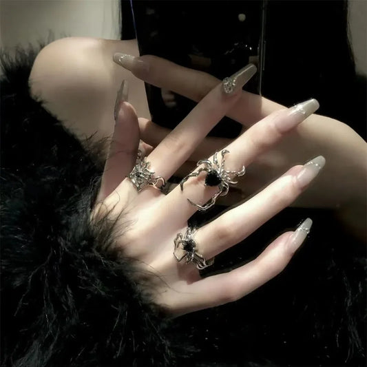 Punk Dark Style Animal Spider Opening Rings for Women Men Personality Black Crystal Hip Hop Rock Party Finger Jewelry Y2K Gift