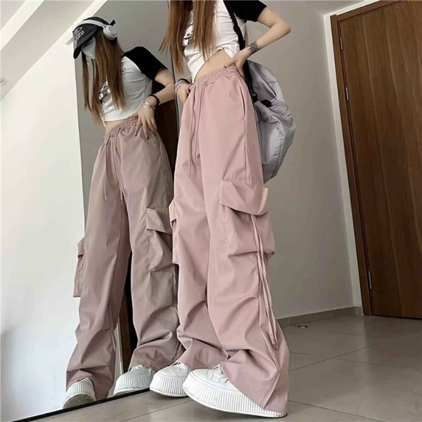 Women's High Waist Cargo Pants with Multiple Pockets Trendy Solid Color Streetwear Y2K Spring Autumn New Loose Wide Leg Trousers