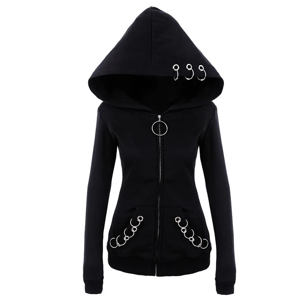 Women'S Punk Solid Color Long-Sleeved Hooded Hoop Jacket Fashionable Slim Gothic Jacket Autumn And Winter Street Style Coat