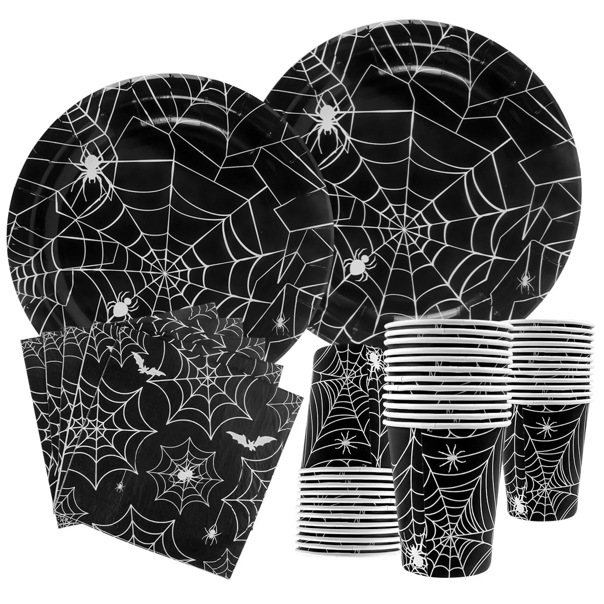 Halloween Spider Web Disposable Tableware Set Paper Black Plates Napkins Cup Banner Halloween Birthday Party Decoration Supplies