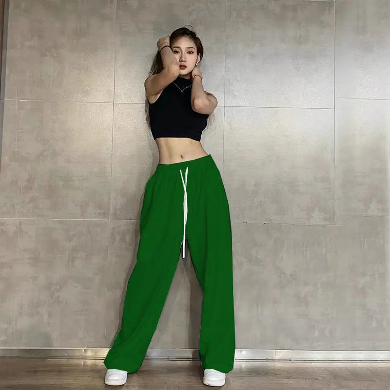 Hip Hop Leggings Sports Women's Spring and Autumn Patchwork High Waisted Drawstring Pockets Solid Color Loose Casual Jazz Pants