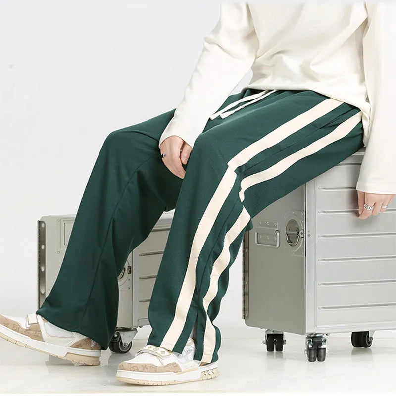 Men's Striped Slit Pants Spring Autumn Straight Wide Leg Trousers High Street Loose Casual Trousers 2023 Fashion Men Clothing