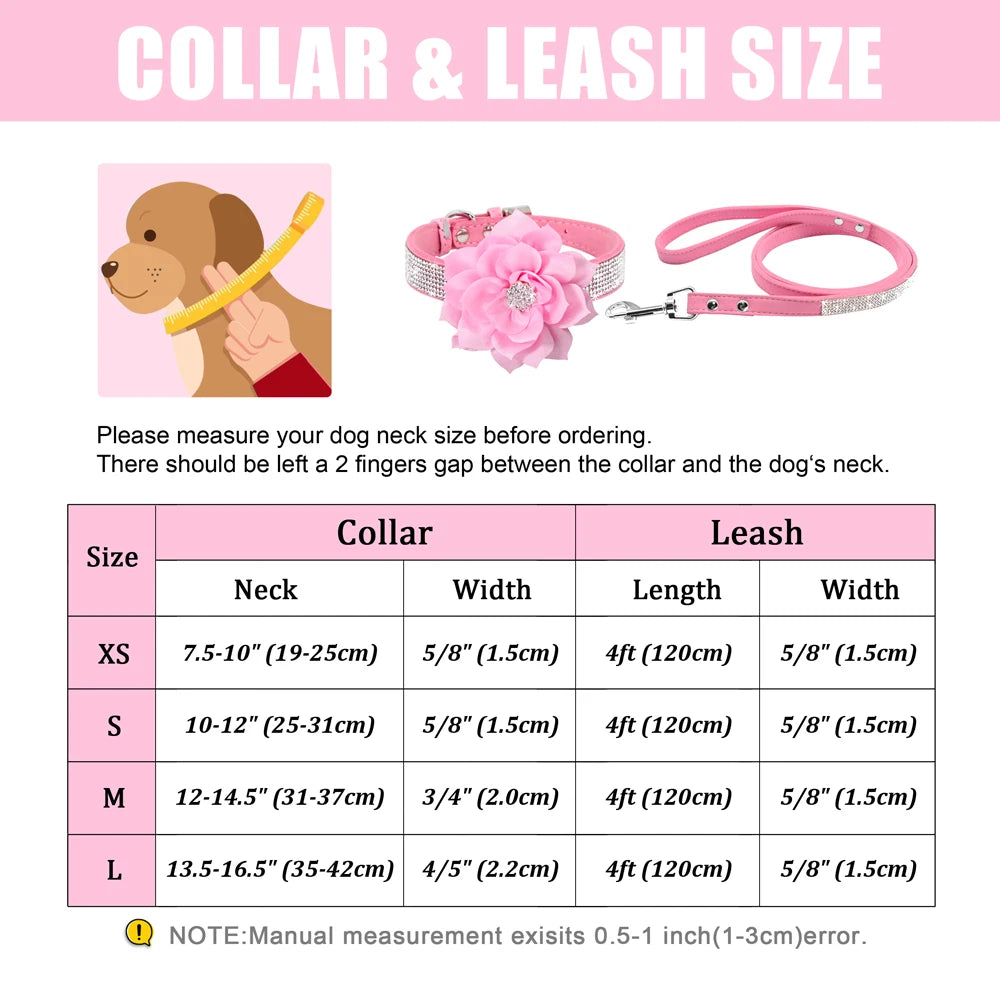 Glitter Rhinestone Dog Leather Collar Cute Floral Necklace Pet 120cm Walking Leash for Small Medium Large Dogs Chihuahua XS-L