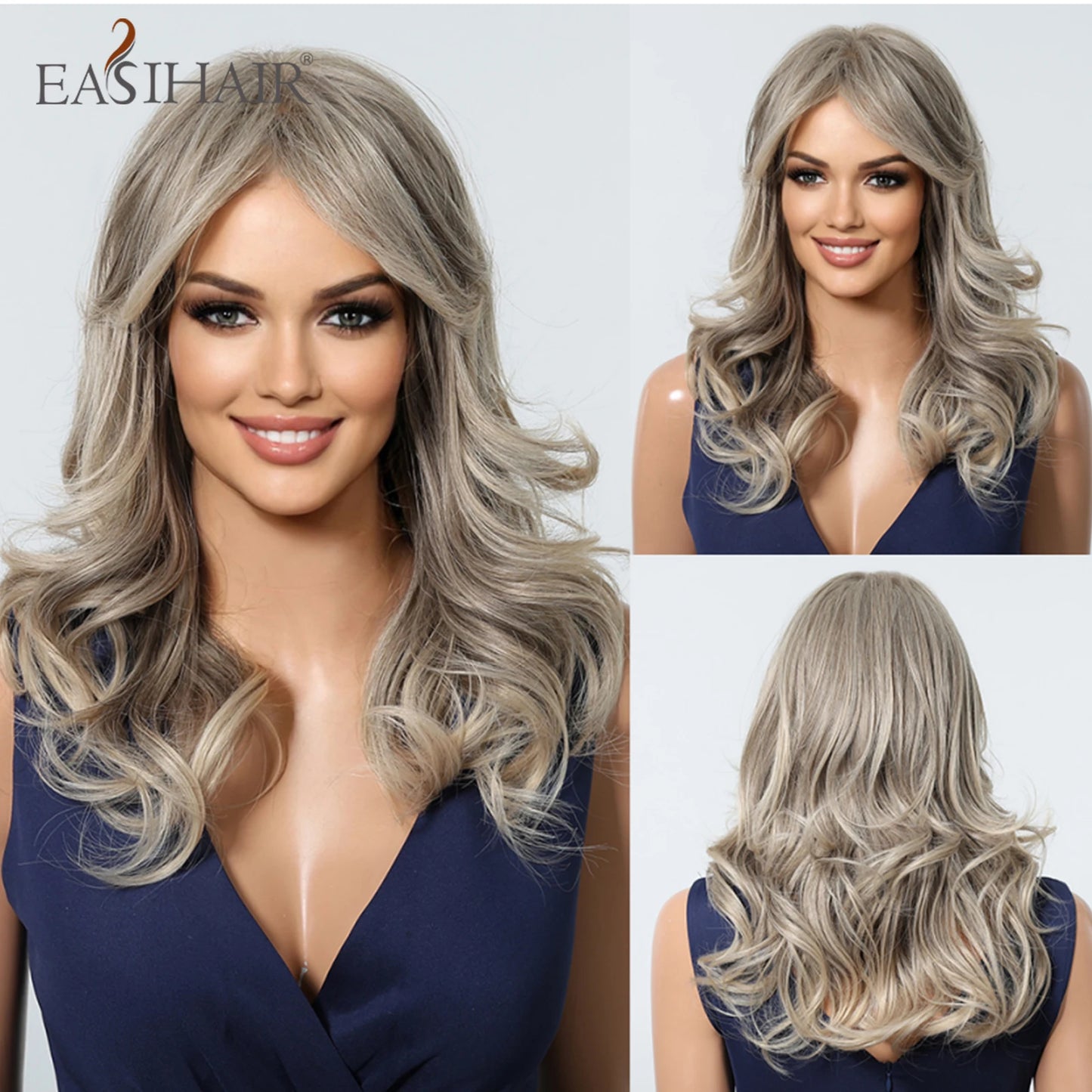 EASIHAIR Long Wavy Brown Synthetic Wigs for Women Dark Brown Wigs With Side Bangs Natural Hair for Daily Use Heat Resistant Wig