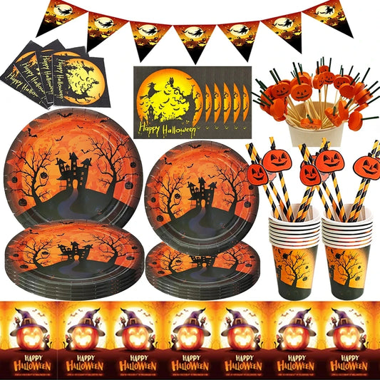 10Sets Halloween Disposable Tableware Sets Ghost Pumpkin Paper Cup Plates Straws Banner Cupcake Topper Halloween Party Decor