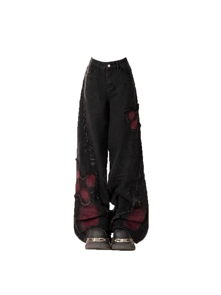 Women's Black Gothic Baggy Jeans Harajuku Y2k Aesthetic Print Denim Trousers Korean Jean Pants Vintage 2000s Clothes Design