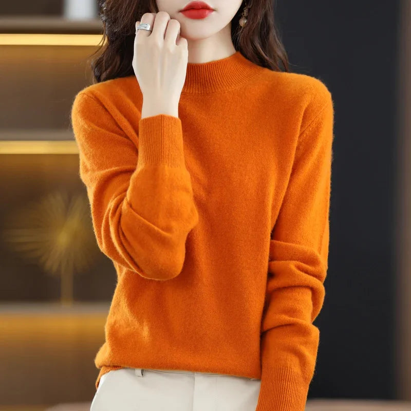 Women Sweater Long Sleeve Mock Neck Warm Winter Basic Knitted Pullovers Solid Loose Knitwear Casual Korean Fashion Jumper 2024