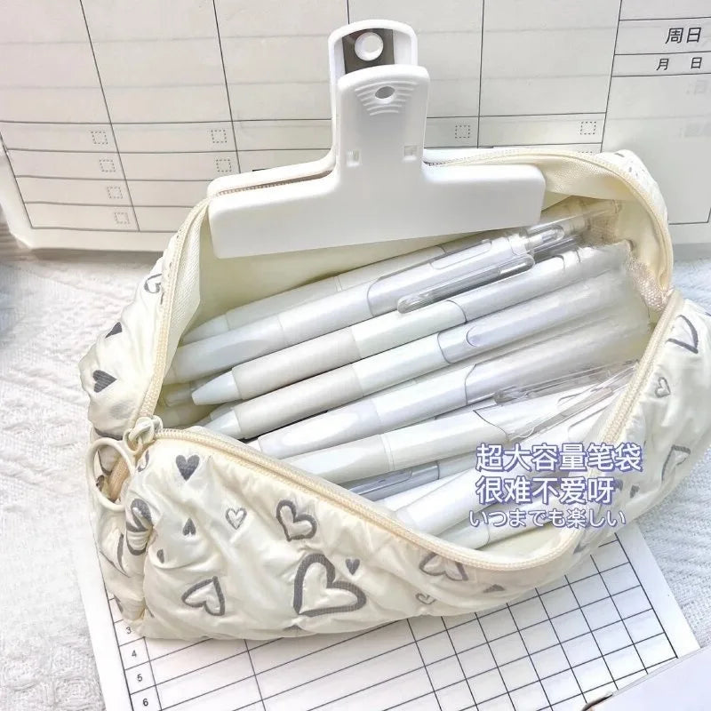 Multi-function Zipper Pencil Bag Cute Large-capacity Love Heart Stationery Case Storage Bag Student School Supplies