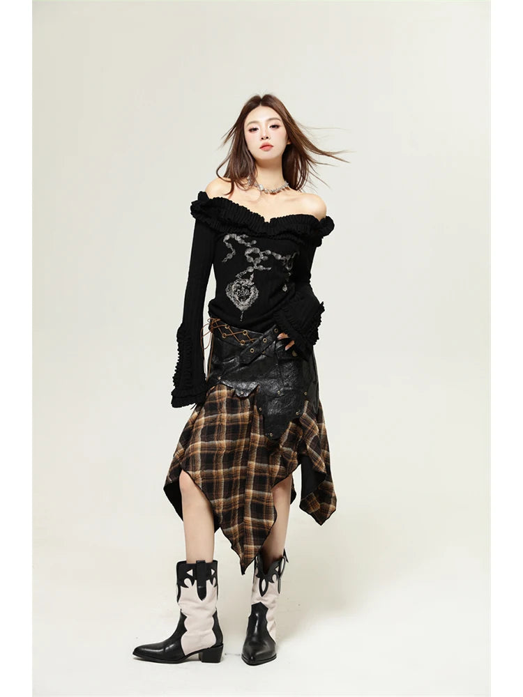 Women's Patchwork Leather Plaid Skirt Harajuku Y2k Vintage Skirts 90s Aesthetic Fashion A-Line Skirt Emo 2000s Punk Goth Clothes