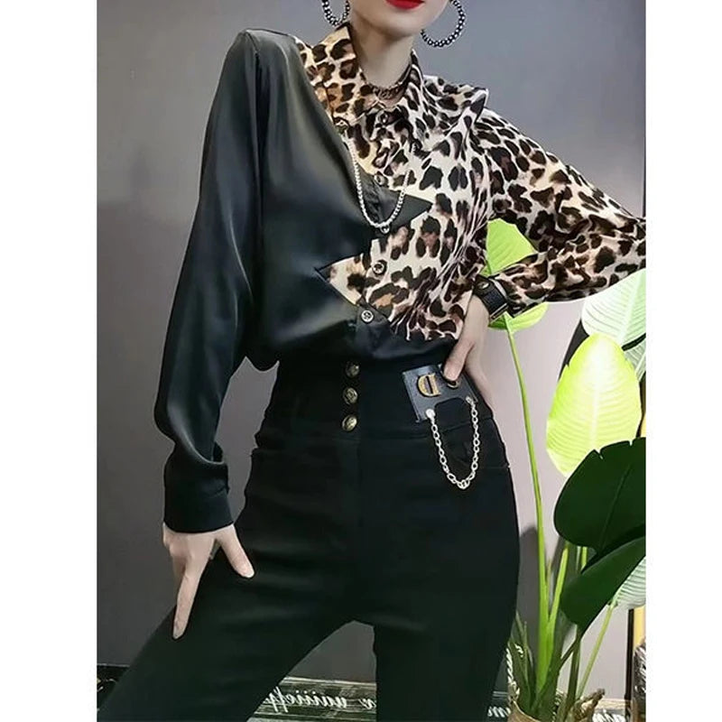 Women Clothing High Street Leopard Print Shirt Tops Spring Autumn Polo Neck Long Sleeve Patchwork Fashion Blouse Vintage Casual