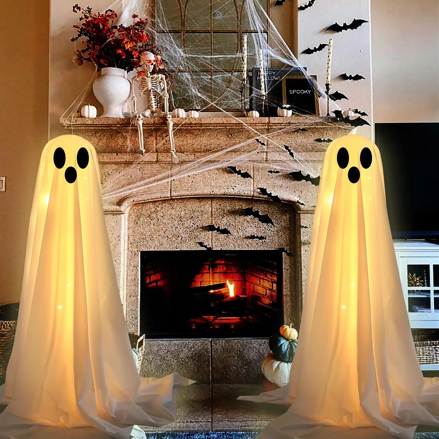 Halloween Decorations DIY 1PCS Large Lighted White Cloth Ghostswith 30 LED String Lights-Light Up Halloween Spooky Ghost Decor