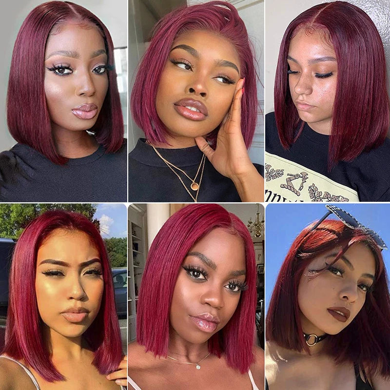 Ishine 99J Burgundy Short Bob Wig 13X4 Lace Frontal Wig For Black Women 100% Human Wig 180Density Transparent Lace 8-16inch