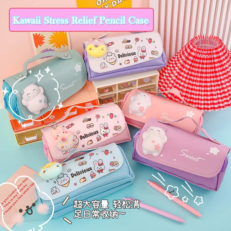 3D Decompression Pencil Case 3 Layers Large Capacity Leather Pencil Box for Girls Pen Bag Pouch Kawaii Stationery School Supplie