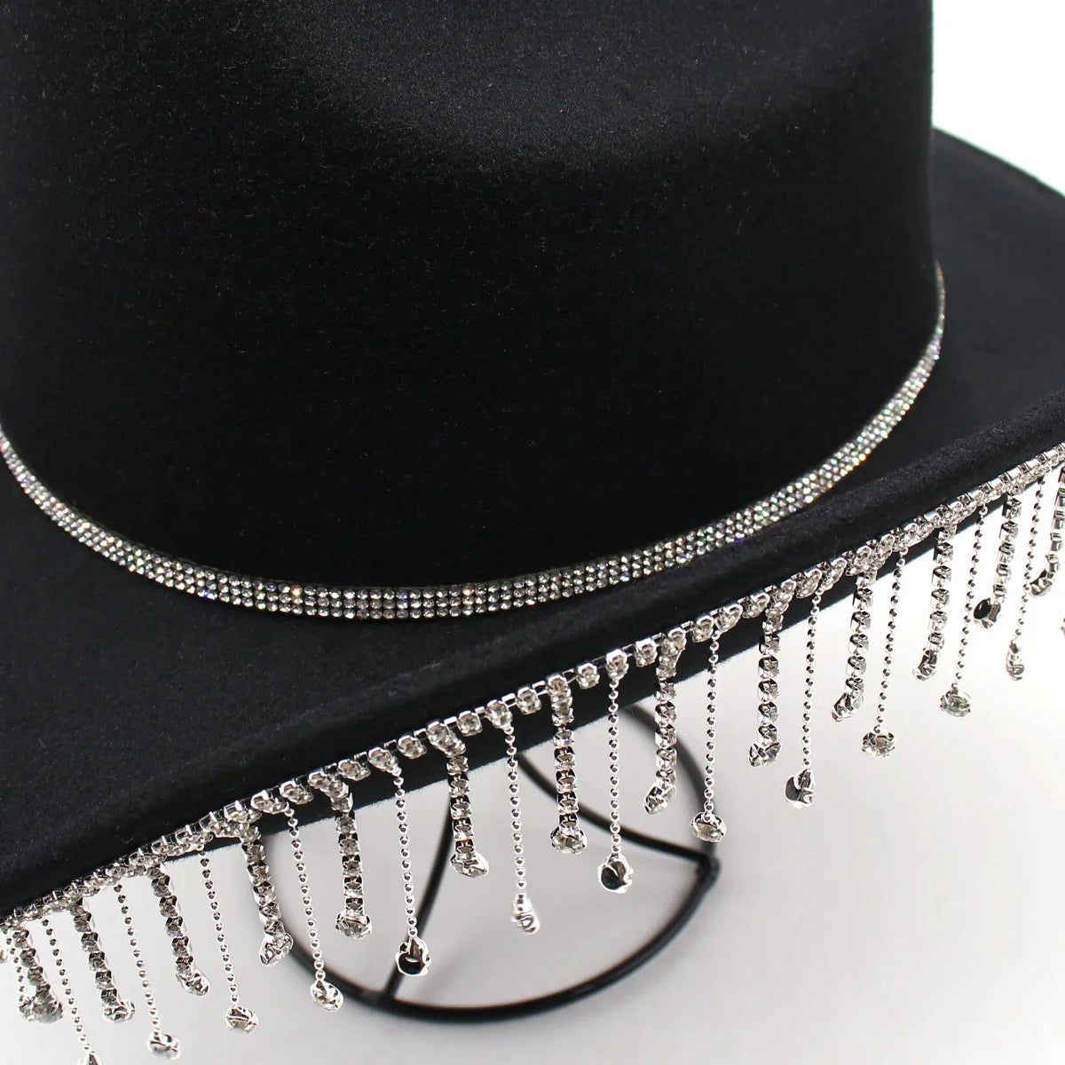 Fluorescent Colorful Tassel Women's Cowboy Hat Rhinestone Fringe Black Western Cowgirl Hats Bride Crystal Solid Party Dress Hats