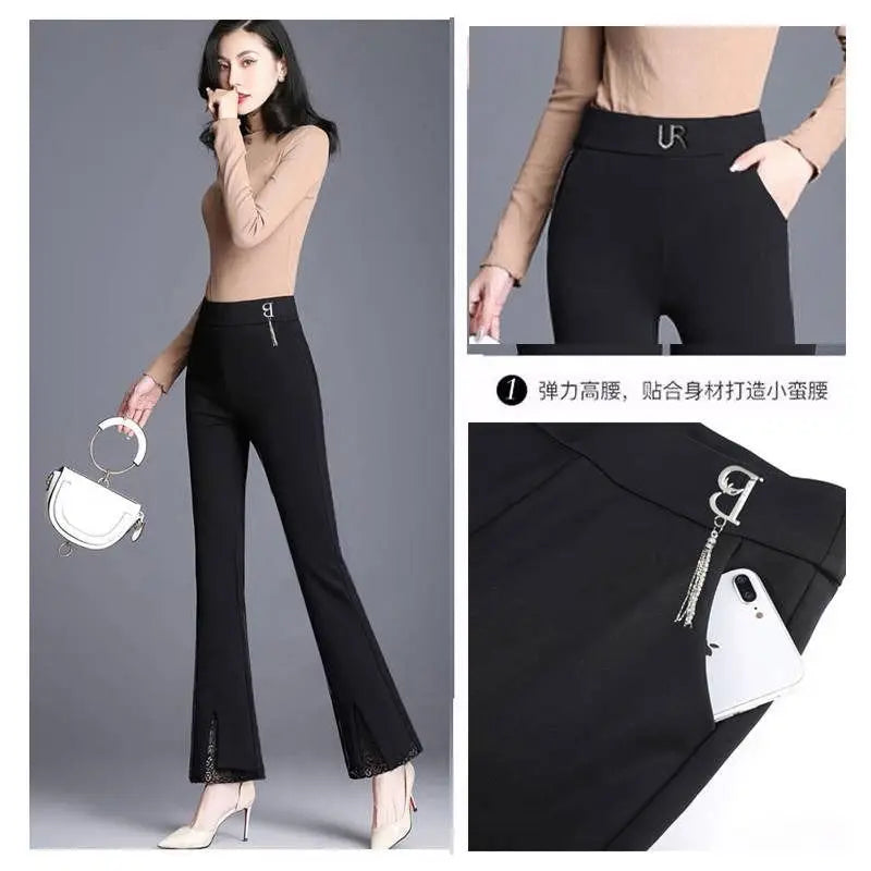 Flare Ladies Lace Patchwork High Waist Spring Autumn New Elasticity Black Trousers Women Clothing Fashion Solid Color Slim Pants