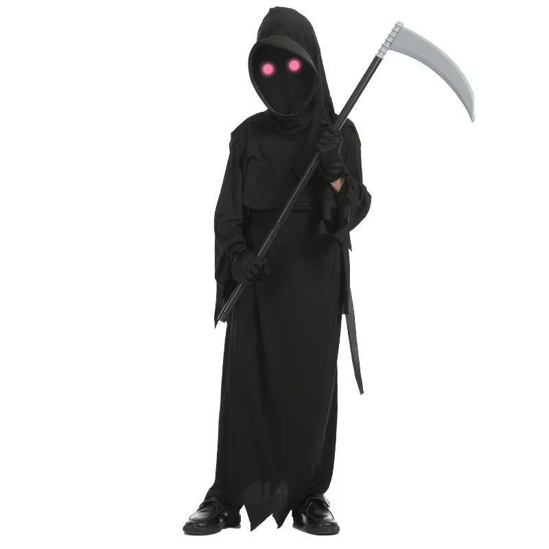 Child Horror Red Eye Grim Reaper Costume Scythe Devil Darkseid Ghost Cosplay Suit Halloween Hooded Party Dress Gloves