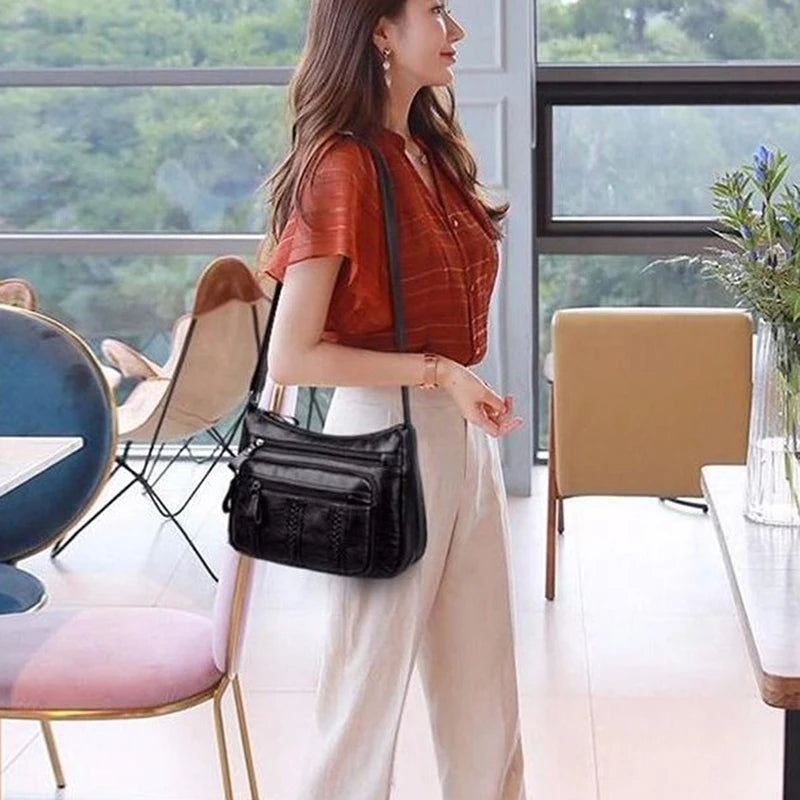 New Casual Female Bag Soft PU Leather Shoulder High-quality Multi-pocket Shoulder Bag Solid Color Ladies Crossbody Bag