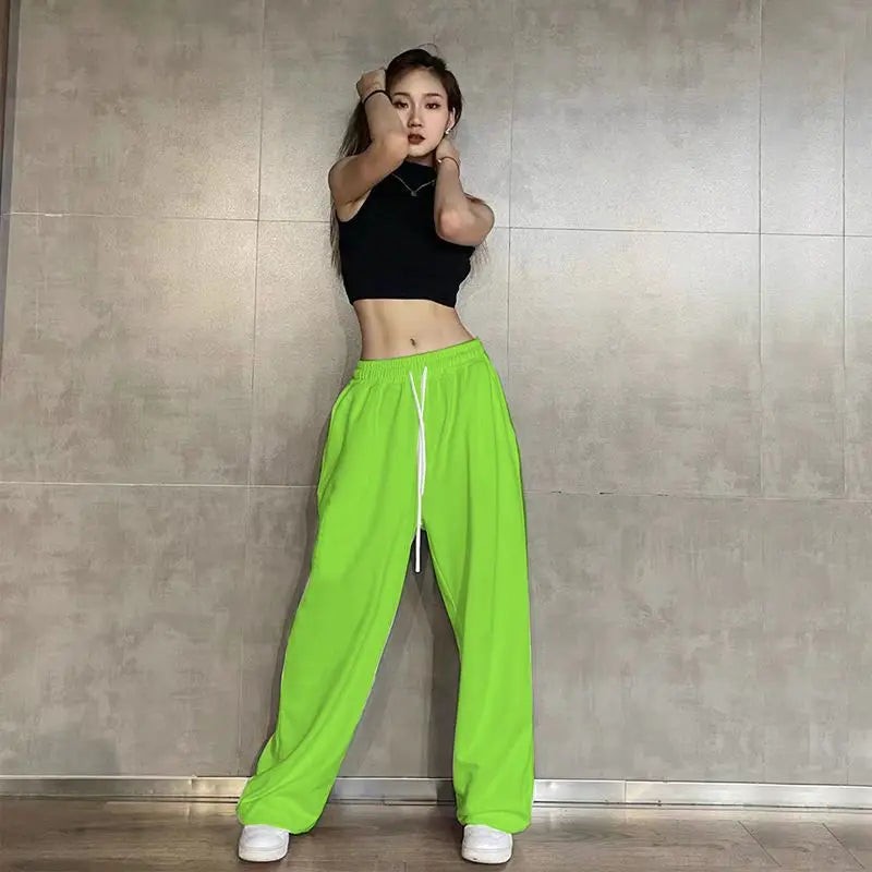 Hip Hop Leggings Sports Women's Spring and Autumn Patchwork High Waisted Drawstring Pockets Solid Color Loose Casual Jazz Pants