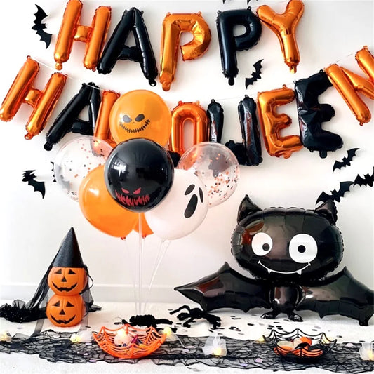 1set 16inch Happy Halloween Letter Flag Banner Black Orange Halloween Party Decoration Balloon Set for Hanging Horror Prop Gift