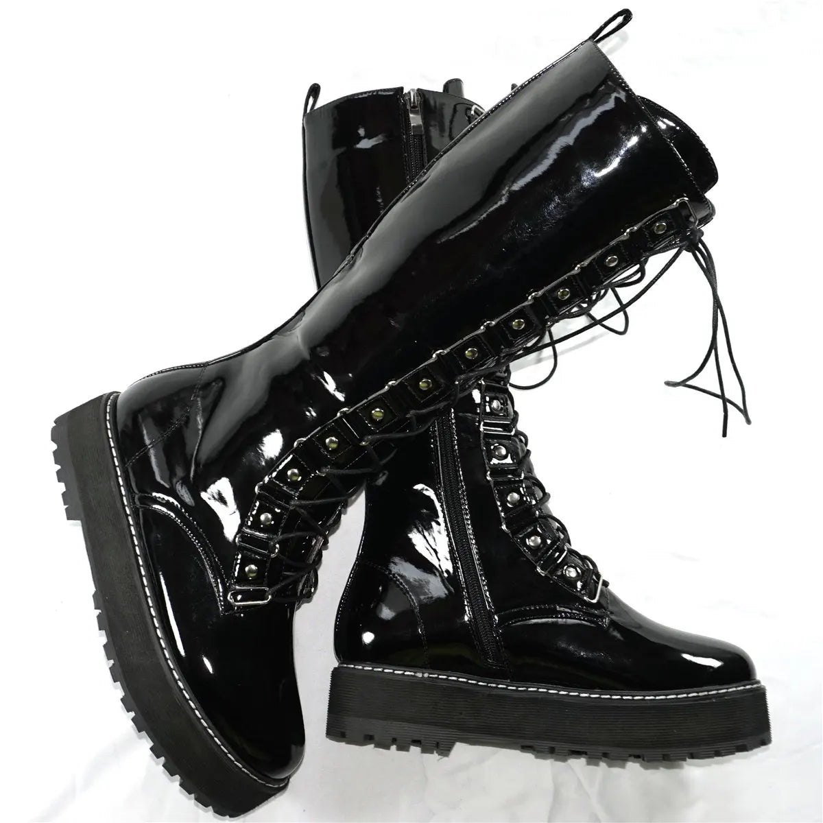 Winter Punk Creepers Women Lace Up Patent Leather Knee High Motorcycle Boots Female Round Toe Chunky Platform Pumps Casual Shoes