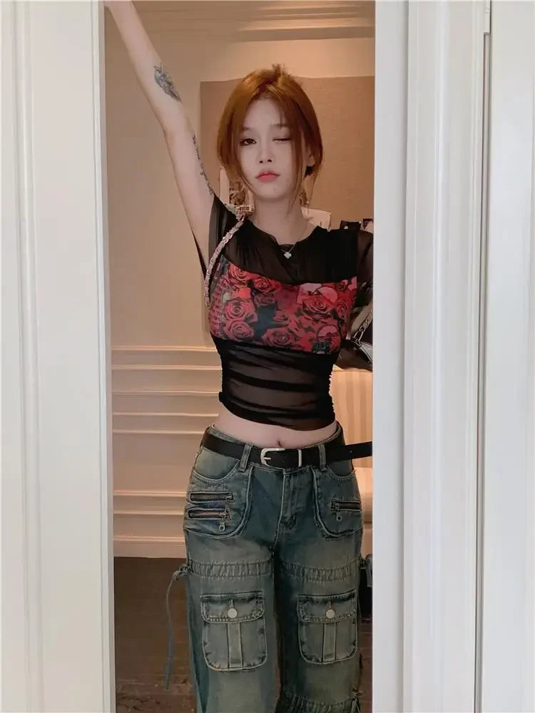Summer Outfit Woman Tops Sexy Crop T Shirt for Women Y2k Fashion Korea Sale 90s Vintage Polyester Clothes Youthful Harajuku Kpop