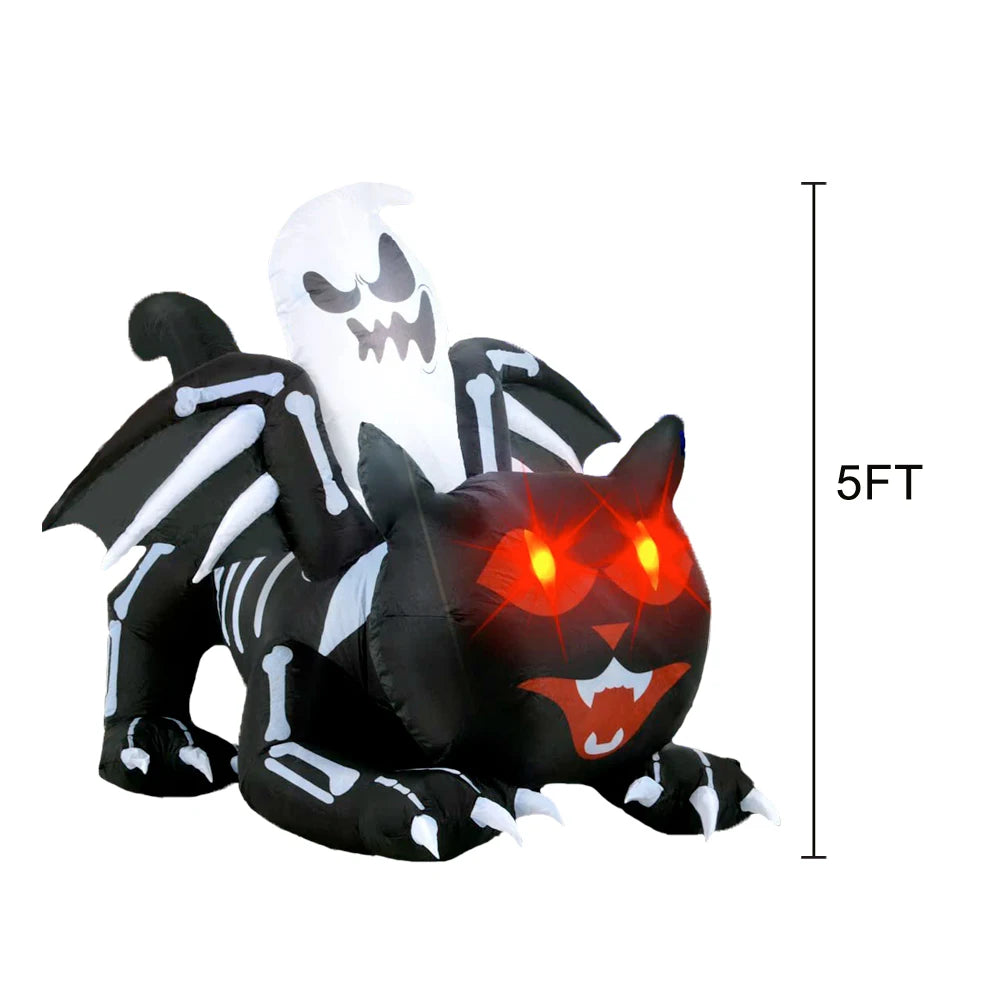 Large Halloween Outdoor Decoration Inflatable Ghost Skeleton Cat with Wings Built-in LED Light for Halloween Holiday Party Decor