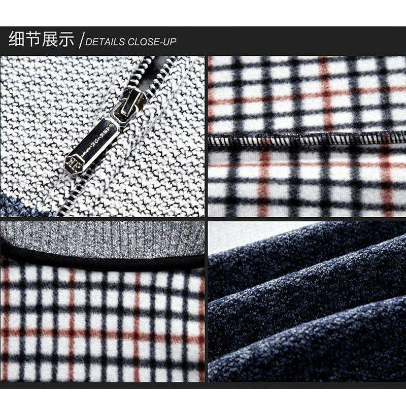 Men Cardigan Autumn Winter Keep Warm Thicken Fashion Knit Sweater Coat Stitching Colorblock Stand Collar Zipper Coats Jackets