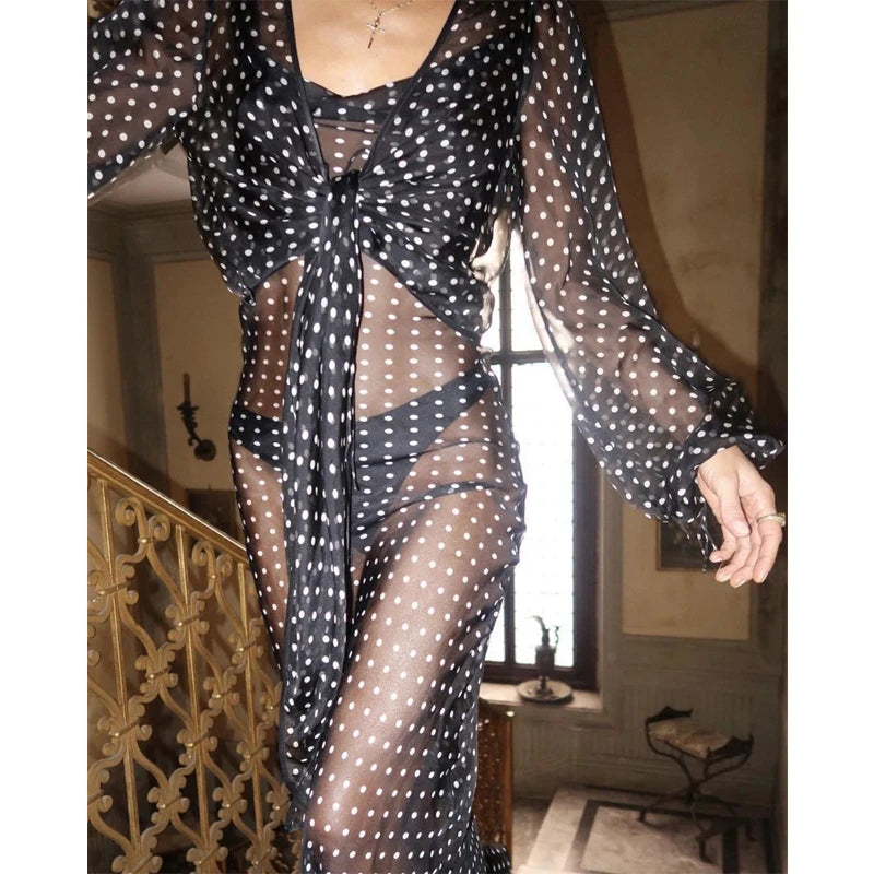 2025 Black Fashion Polka Dots Sundress Sexy See Through Spaghetti Strap Maxi Dress Women Summer Clothes Party Slip Dresses A1259