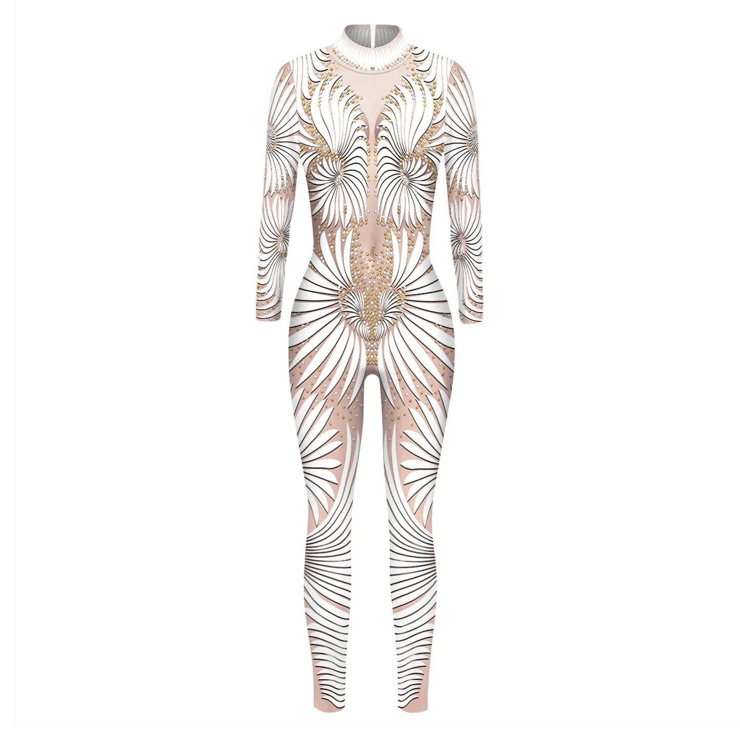 Women Skeleton Robot 3D Printing Bodysuit Zipper Back Halloween Costume Full Body Fall Jumpsuits for Women Wedding Guest