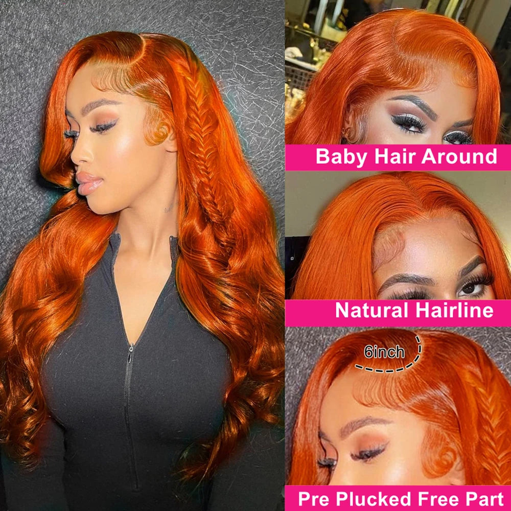 13x6 Hd Body Wave Orange Ginger Lace Front Wig Human Hair 100% Brazilian 13x4 Lace Frontal Colored Wigs For Black Women 36 Inch