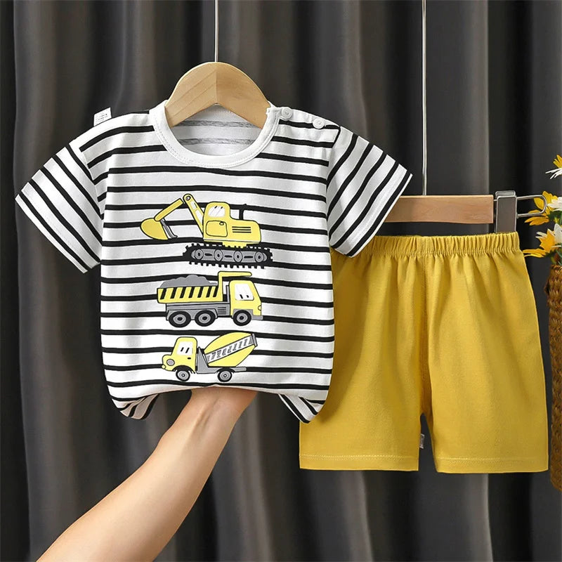 Summer T-Shirt+Shorts 2-Piece Clothing Set Kids Baby Boy Girl Soft Cotton Pajama Cartoon Excavator Casual Clothes Suit 1-6 Years