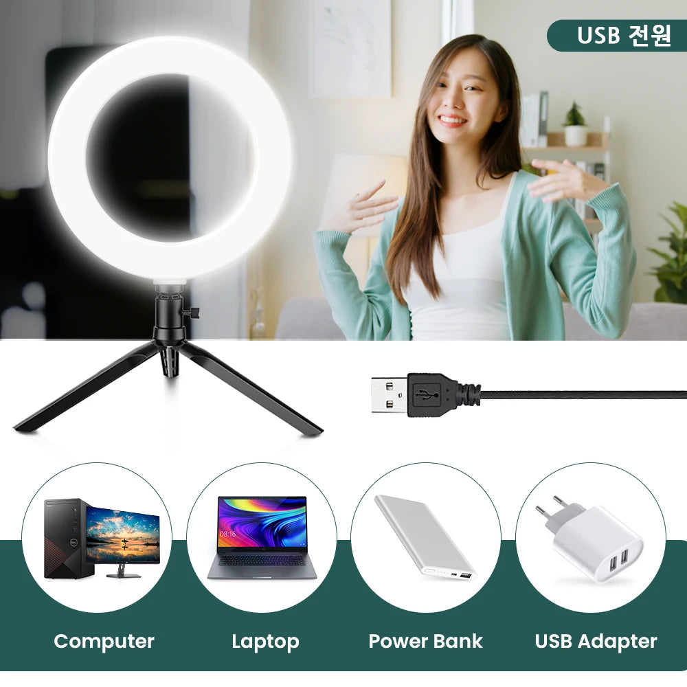 Dimmable 16cm LED Desk Ring Fill Light - Tripod Stand with Angle Adjustment & USB Interface for Video Live Streaming & Makeup