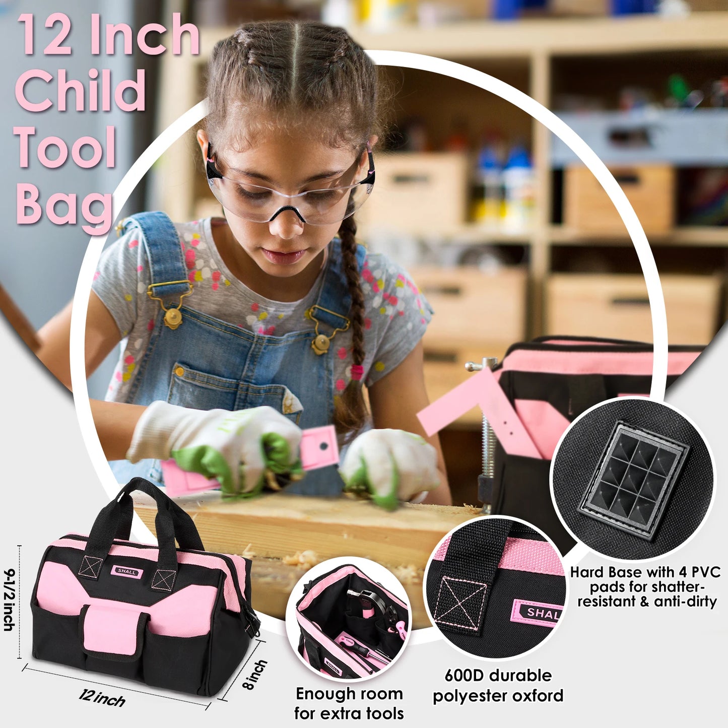 SHALL 26Psc Kids Size tools kit set with 12" Tool Bag Safety woodworking tools Children Tool Kit with Hand Tools Home DIY