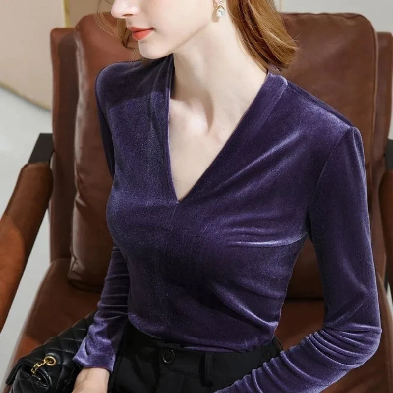 Golden Velvet V-neck Bottom Shirt for Women New Autumn Winter Long Sleeve Solid Vintage T Shirt Tops Fashion Casual Clothing