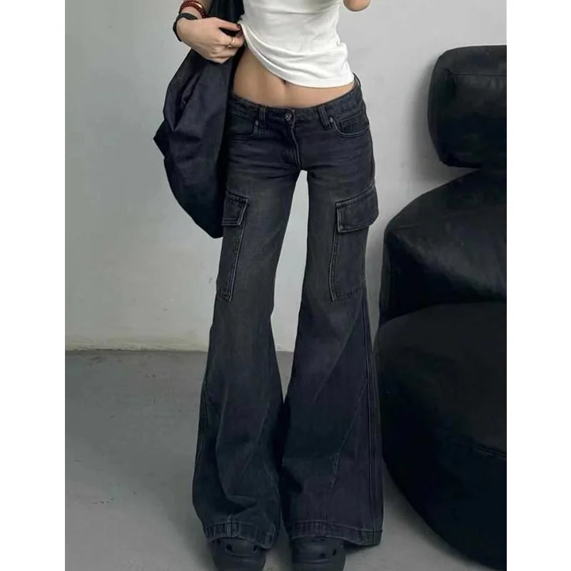 Black Womens Jeans High Waist Vintage Straight Winter Denim Pants Street Multiple Pockets American Wide Leg Baggy Denim Trouser